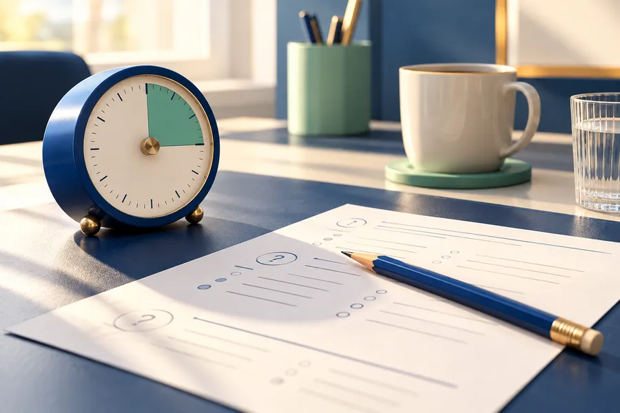 A test paper and pencil beside a desk timer