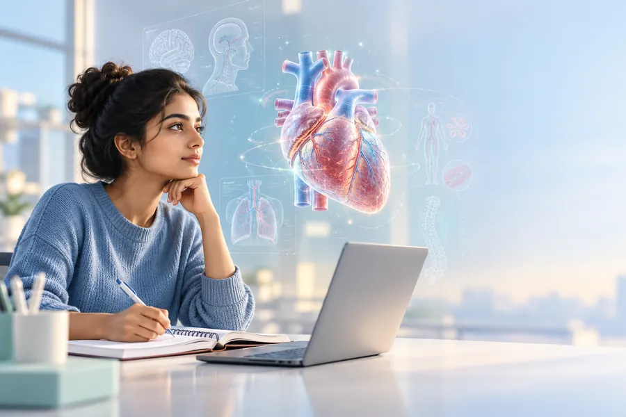 A student planning her study at a laptop, with anatomy diagrams in the air beside her