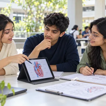 Students discussing a biology diagram together