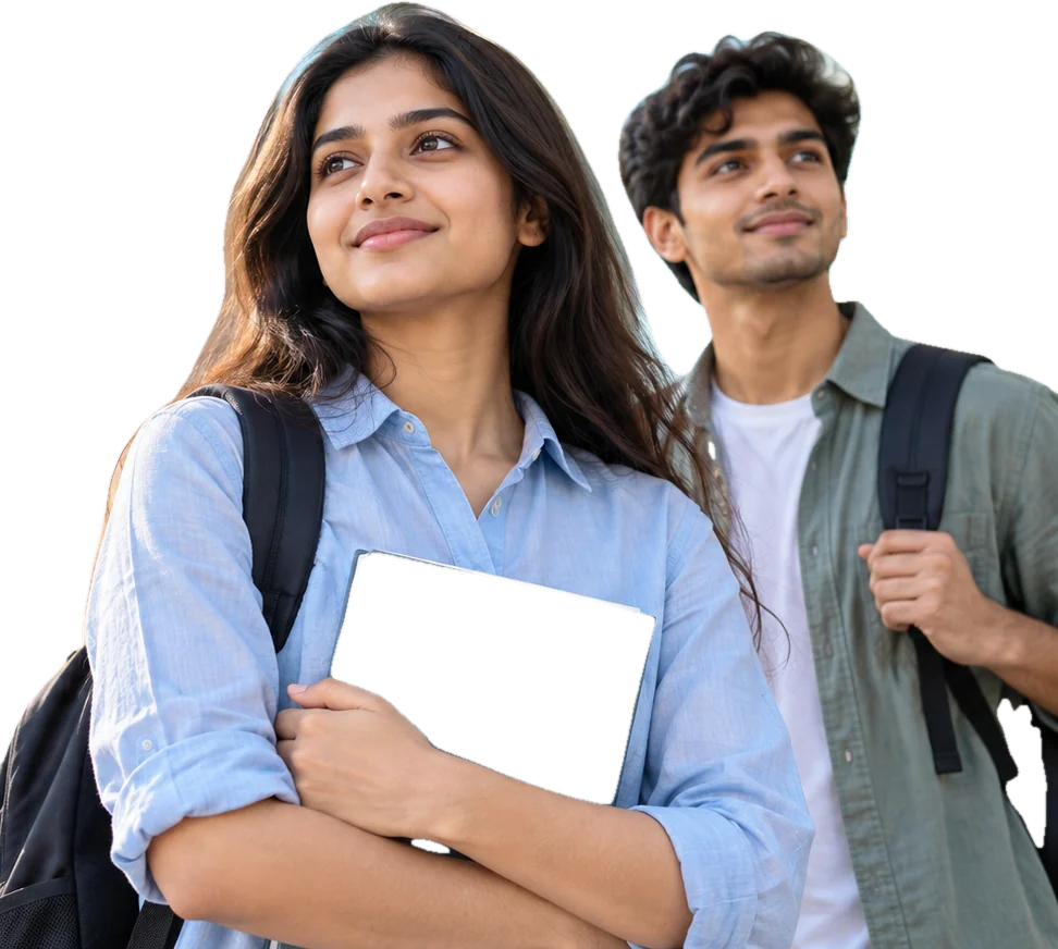 Two smiling NEET aspirants with their backpacks, one holding a notebook